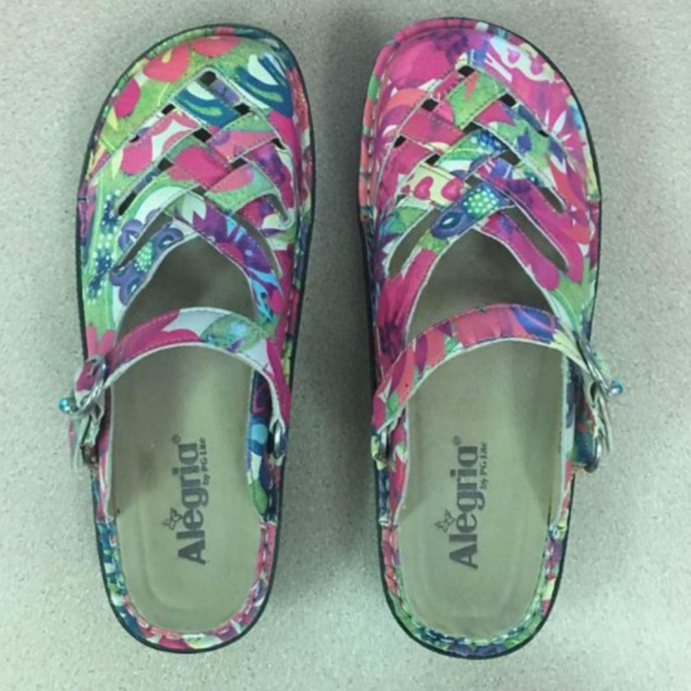 Algeria Freesia Happy Days Pink and Green Leather Clog size 37 6.5